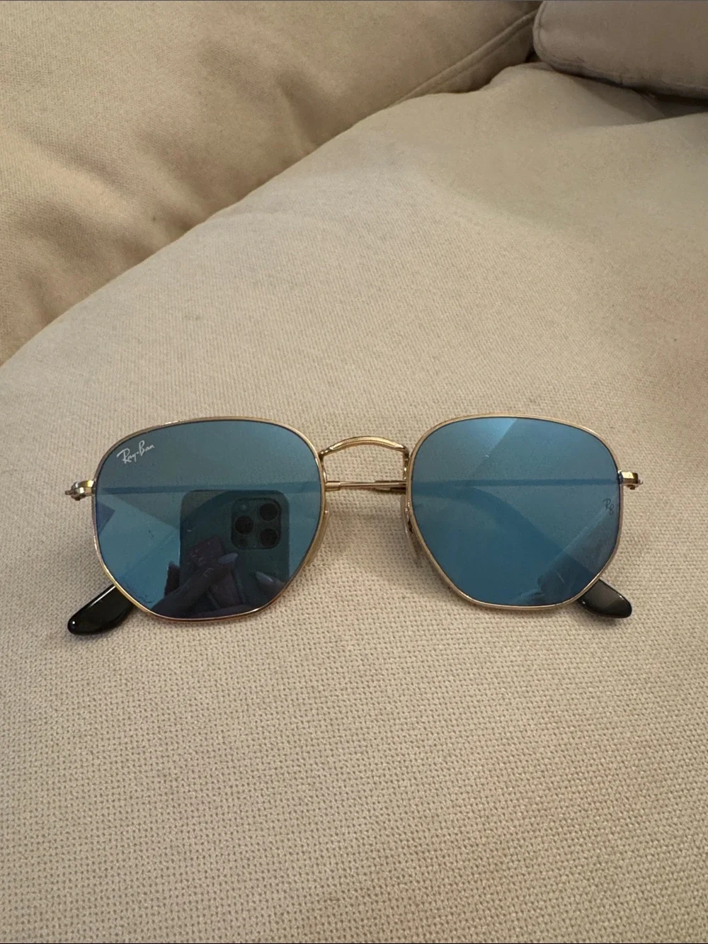 Ray-Ban Gold Frame Sunglasses with Blue Lenses and Black Tips